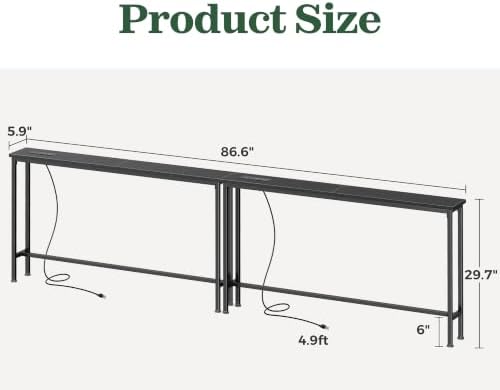 SUPERJARE 86.6 inch Narrow Console Table with Outlet, Sofa Tables, Behind Couch Table, Long Entryway Tables with Charging Station, for Living Room, Black