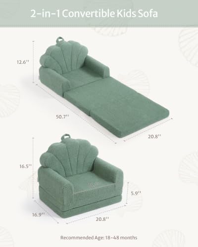 Blissful Diary Foldable Kids Couch, 2-in-1 Kids Sofa Chair, Green Shell