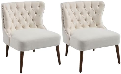 Kmax Accent Chairs Set of 2, Slipper Chairs with Button Tufted Wingback, Armless Living Room Chairs with Nails Modern Side Chairs for Bedroom Reception Office Small Space - Linen Beige, Walnut Legs