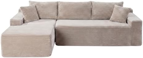 95" L-Shaped Left Facing Cloud Sectional Couch for Living Room, Modular Compressed Boneless Sectional Sofa Corduroy Boneless Corner Foam Sofa W/Chaise Lounge and Pillows