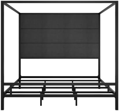 Merax King Canopy Bed Frame with Tall Linen Headboard, Metal 4 Poster Bed