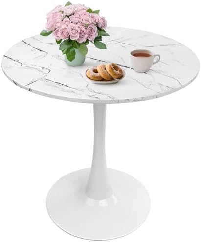27.5" Tulip Round Dining Table with Metal Pedestal Marble Wh