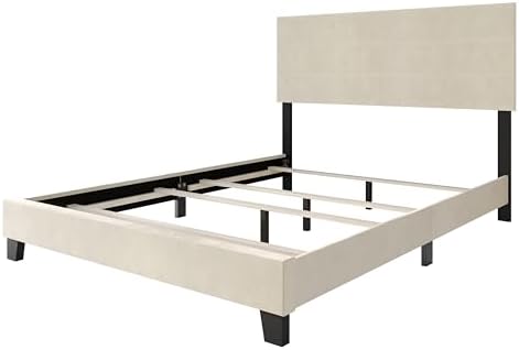 HOME DESIGN Vallejo Queen Size Upholstered Panel Bed Frame, Velvet Upholstery, Padded Headboard with High-Density Foam, Box Spring Required, Beige