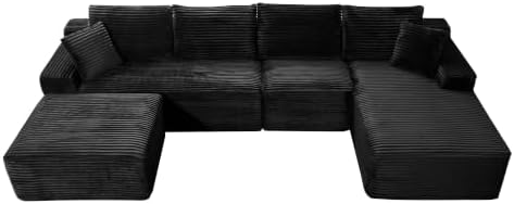 135-Inch U-Shaped Compressed Cloud Sofa Modular Boneless Cloud Sectional Sofa W/Right Facing Chaise Lounger and Ottoman, Oversized Plush Corduroy Corner Boneless Foam Couches
