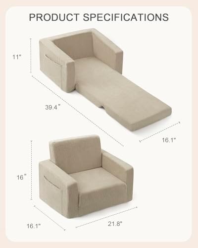 2-in-1 Kids Chair and Couch, Cozy Corduroy Kids Sofa, Beige