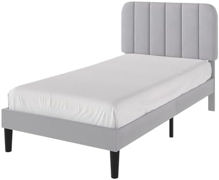 VECELO Twin Size Bed Frame with Upholstered Headboard, Velvet Platform Bedframe Mattress Foundation, Strong Wood Slat Support, No Box Spring Needed,Light Grey