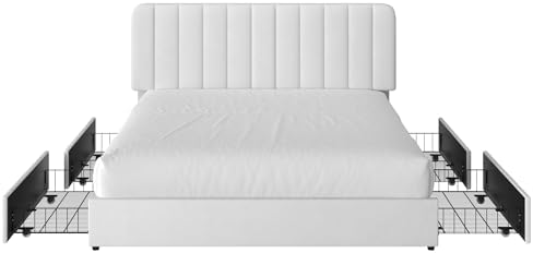 VECELO King Size Upholstered Bed Frame with 4 Drawers and Headboard, Velvet Platform Storage Bedframe, Wooden Slats Support, No Box Spring Needed,Snow-White