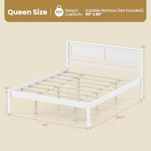 GIANTEX Queen Wood Platform Bed Frame with Headboard, Mid Century Queen Bed Frame with Wood Slat Support, Solid Wood Foundation with 16" Under Bed Storage, No Box Spring Needed, Easy Assembly (White)