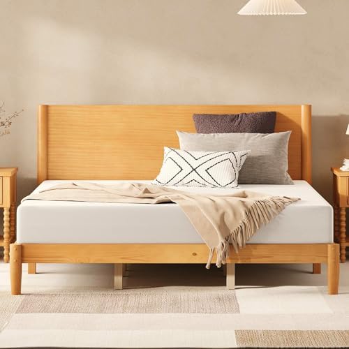 AMERLIFE Solid Wood King Bed Frame, Mid Century Bed with Headboard, Natural