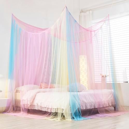 Mengersi Rainbow Canopy Bed Curtaina Mosquito Net for Bed Canopy, Four Corner Post Curtains Elegant Bed Netting, Screen Netting Canopy Curtains for Full to King Size Bed
