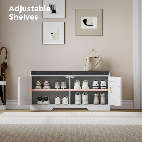 Homleke Shoe Storage Bench, 2 Doors & Thickened Padded Seat Cushion