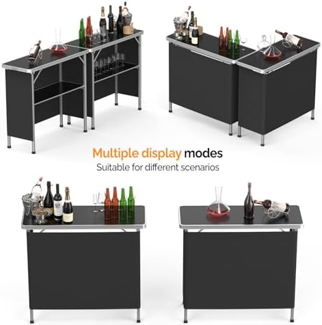 VINGLI Portable Bar Table, 2-Tier Shelves, Mobile Bar Table for Events, Party, Camping, Picnic, Tradeshow, Indoor with Black Skirt, 39 "L x 34" H