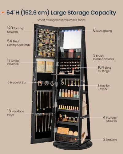 SONGMICS HOME Standing Jewelry Armoire, Full Length Mirror with Storage | Lockable Jewelry Cabinet with 6 LED Lights, Floor Mirror, Built-in Vanity, Black Surface, Black Lining UJJC007B01SH