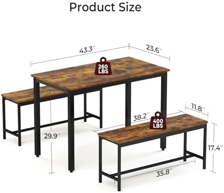 Tatub Dining Table Set for 4, 3-Piece Kitchen Table with 2 Benches, Space-Saving Dining Room Set for Breakfast Nook and Small Spaces, Brown