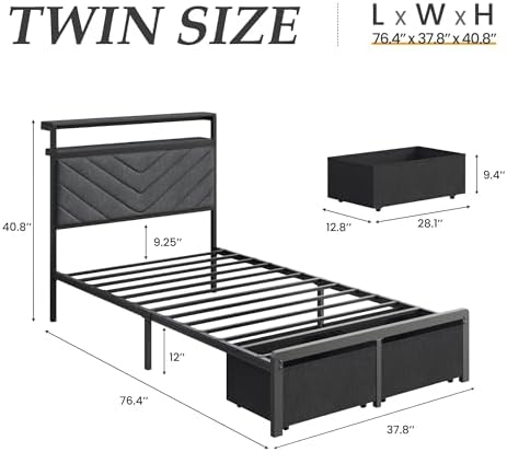 Fluest Twin Bed Frame with Storage Drawers, Upholstered Headboard with Charging Station, LED Lights, Fabric Drawers with Wheels, Under Bed Storage, No Box Spring Needed, Easy Assembly, Grey