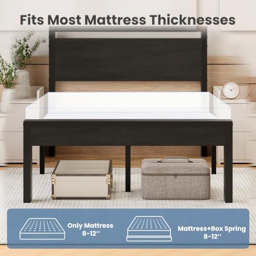 Sweetcrispy 14 Inch Full Metal Bed Frame with Wood Headboard, Black