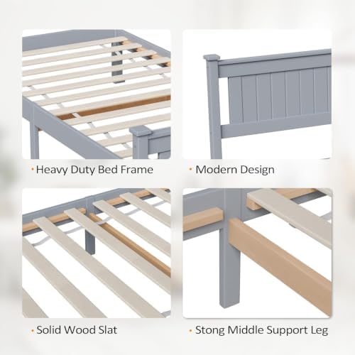 Bonnlo Twin Size Solid Wood Platform Bed Frame Kids Bed, Single Bed with Headboard, No Box Spring Needed Panel Bed, Wood Slat Support Mattress Foundation, Gray