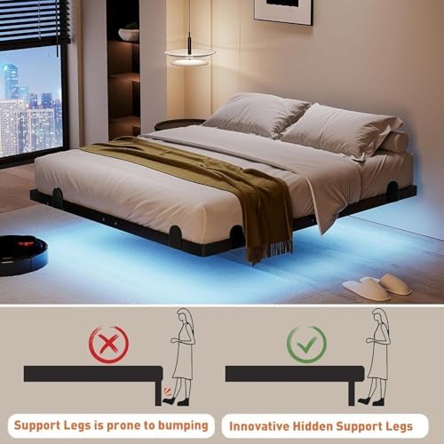 qimamo Floating King Bed Frame, 7 Inch Metal Platform Bed with Smart LED Lights & Charging Station, Easy Assembly, No Box Spring Needed