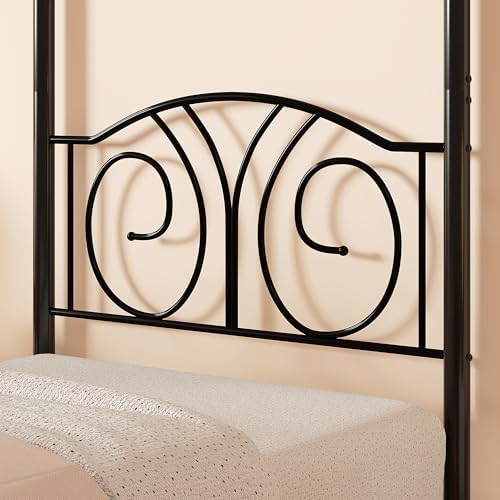 VECELO Twin Canopy Bed Frame, Vintage Scrollwork Headboard, Matte Black