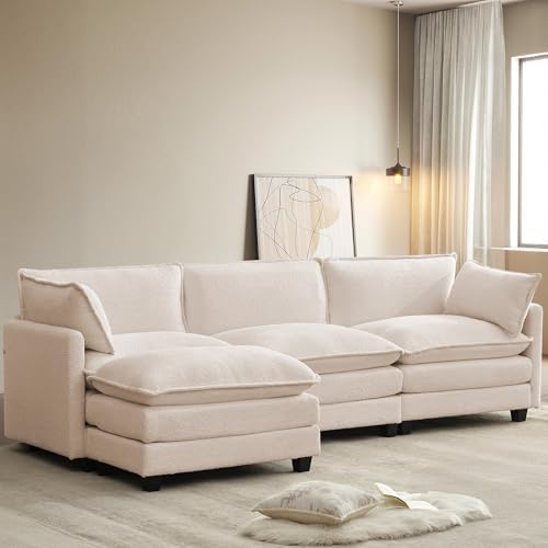 ROWHY 112'' Modular Sectional Cloud Couch with Movable Ottoman, 4 Seat Modern Chenille Sofa, Deep Seat L Shaped Couch for Living Room Bedroom Apartment,Cream White