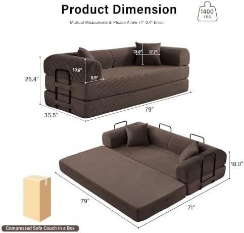 79" Convertible Sofa Bed, Boneless Sleeper Futon Couch for Living Room