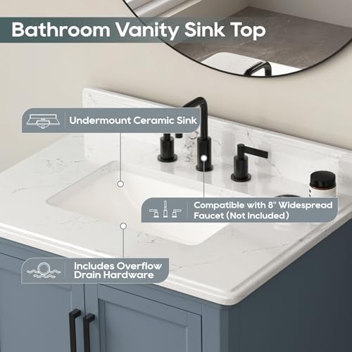 30 Inch Bathroom Vanity with Sink, Solid Wood, Steel Blue | Freestanding Single Sink Bathroom Vanity, Fully Assembled Bathroom Storage Cabinet with Soft Close Doors & Dovetail Drawers