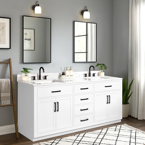 72-inch White Bathroom Vanity with 2 Sinks, Solid Wood, 0.79-inch Stone Countertop and Backsplash, 6 Drawers, 4 Soft Closing Doors