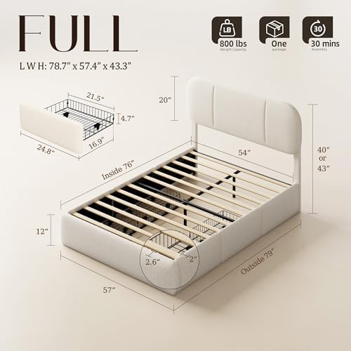 Full Size Cloud Bed Frame with LED & 4 Drawers, Beige