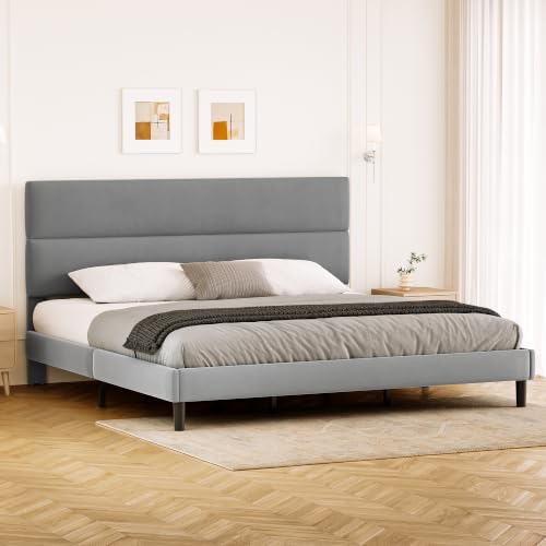 GRUSIGN King Size Platform Bed Frame with Velvet Headboard, Adjustable Height Wooden Slats Support, Upholstered Mattress Foundation, Fits Mattress or Mattress with Box Spring, Easy Assembly, Grey