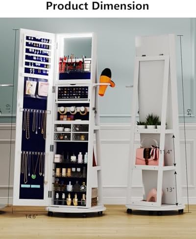 Full Length Mirror With Jewelry Storage, 360 Rotating Armoire Organizer With Lights, Lockable Cabinet Standing, Christmas Gifts (White)