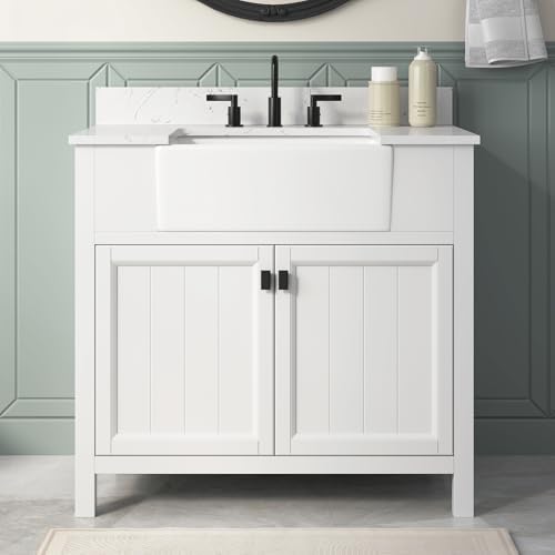 36 Inch White Bathroom Vanity with Sink, Solid Wood | Farmhouse Pre Assembled Vanity Bathroom with Soft Closing Doors, Vanity for Bathroom, Apron Farm Sink
