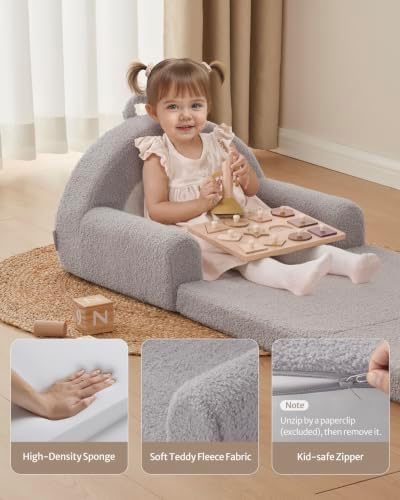 Blissful Diary Foldable Kids Couch, 2-in-1 Kids Sofa Chair, Gray Rainbow