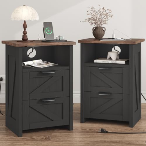 Farmhouse Night Stand Set of 2, Bed Side Table with 2 Drawers and Storage Shelf, Rustic White End Table for Bedroom, Living, Entryway, Office, Dorm, Small Spaces, Black
