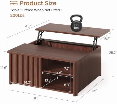 SEDETA 31.5" Lift Top Coffee Table with Storage, Square Coffee Tables for Living Room, Fluted Coffee Table with Large Hidden Storage Compartment and Adjustable Shelves, Walnut