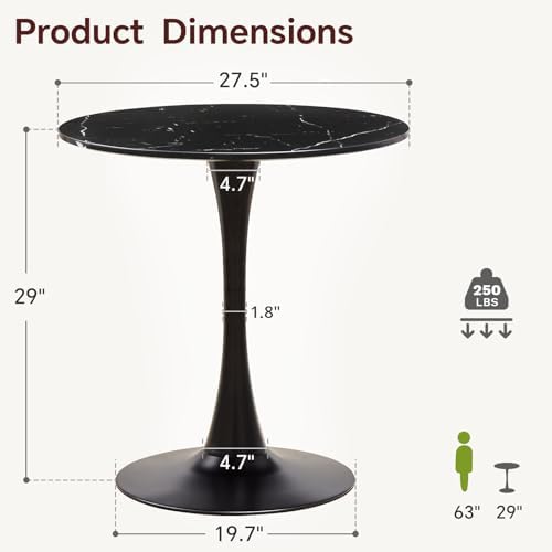 27.5" Tulip Round Dining Table with Metal Pedestal Marble Bk