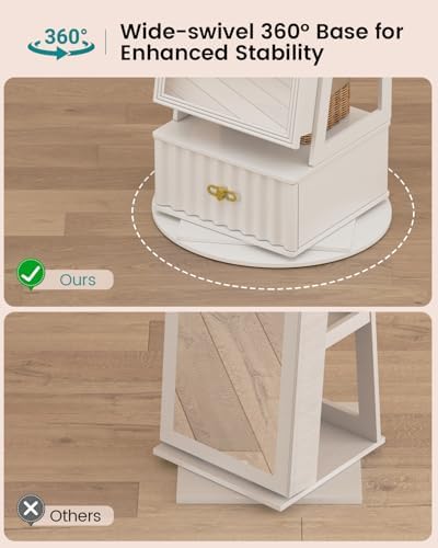 Vlsrka Arched LED Mirror Jewelry Cabinet with Full Length Mirror, White | Lockable Jewelry Armoire Cabinet, 360° Swivel Jewelry Organizer with Drawer Storage, Foldable Makeup Shelf, 2 Rear Hooks
