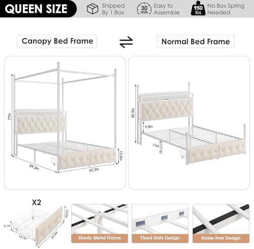 HIFIT Queen Size LED Canopy Bed Frame with Storage & Charging Station,Beige