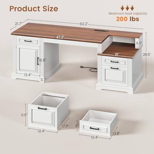 SEDETA Farmhouse Executive Desk, 62'' Home Office Desk with File Drawers, 3Drawer and Storage Cabinet, Computer Desk with Power Outlet for Home Office, Work Study Writing, White + Walnut