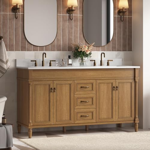 60 Inch Bathroom Vanity with Double Sink Combo, Light Walnut | Classic Cabinet with Countertop & Backsplash, Solid Wood Frame with Soft Closing Doors & 3 Dovetail Drawers, Ceramic Sink