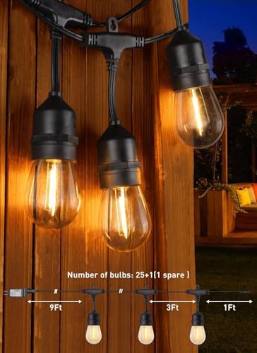 Brightown 82FT Outdoor String Lights - 25 LED Bulbs Patio Lights with Remote, Timer, Dimmable, Waterproof Connectable Hanging Outside Lights for Backyard Bistro Porch Deck Party Wedding