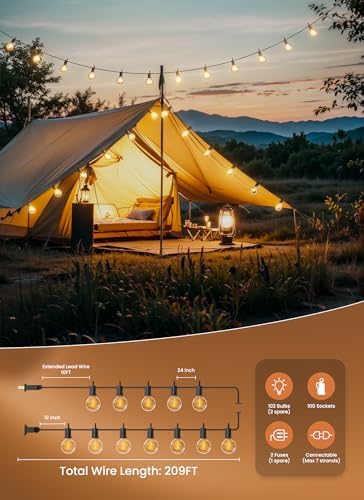 Brightown Outdoor String Lights, 209FT G40 LED IP65 Waterproof Patio Lights