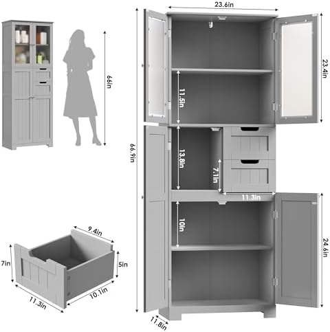 BOTLOG 67'' Tall Bathroom Storage Cabinet with Adjustable Shelf | Frosted Glass Doors, Wood Drawers, Kitchen Pantry Line Cabinet for Kitchen Bathroom, Living Room, Grey