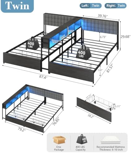 Twin Size Bed Frame for 2 Kids with Storage Bookcase Divider and LED Lights