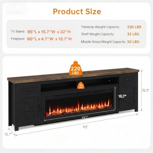 Fireplace TV Stand with Barn Door, 95 inch, Modern Black