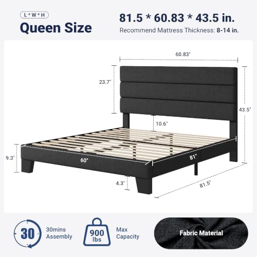 Allewie Queen Size Platform Bed Frame with Fabric Upholstered Headboard