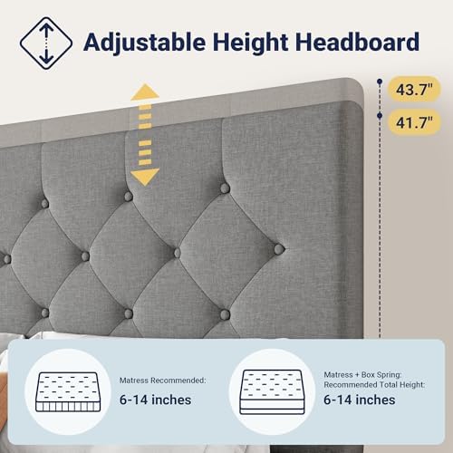 Allewie King Size Storage Bed Frame with 4 Underbed Drawers, Upholstered Platform Bed with Adjustable Headboard, Diamond Button Tufted, Easy Assembly, Noise-Free, No Box Spring Needed, Light Grey