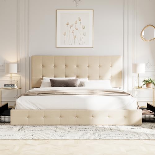 Allewie King Size Storage Bed Frame with 4 Underbed Drawers, Upholstered Platform Bed with Adjustable Headboard, Square Button Tufted, Easy Assembly, Noise-Free, No Box Spring Needed, Beige
