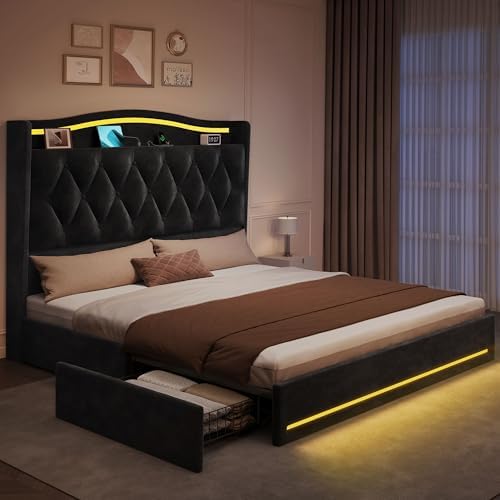 DWVO Queen Size Bed Frame with 4 Storage Drawers and RGB LED Lights, Black