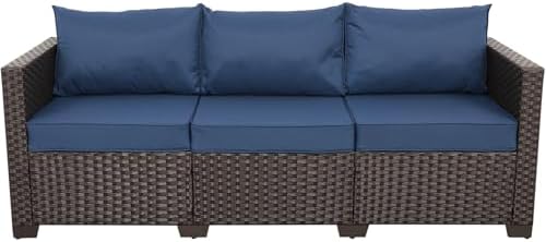 Rattaner 3-Seat Patio Wicker Sofa, Outdoor Rattan Couch Furniture Steel Frame with Furniture Cover and Deep Seat High Back, Blue Anti-Slip Cushion.