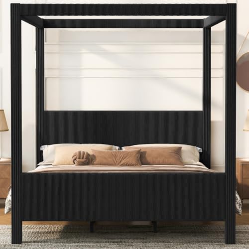 King Size Canopy Bed with Upholstered Headboard & Footboard, Black